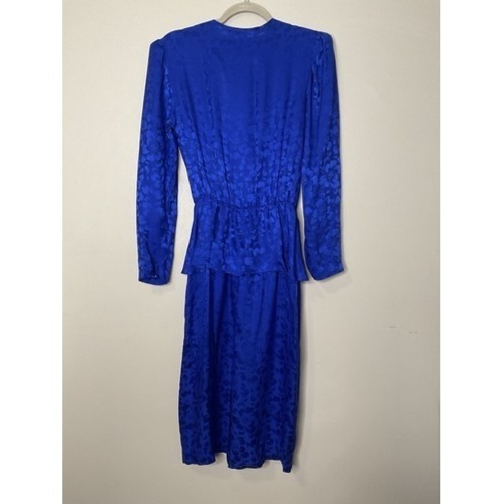 VTG 80s Blue Jacquard Sateen Peplum Waist Midi Dress Women 7/8 Hong Kong - Picture 6 of 7